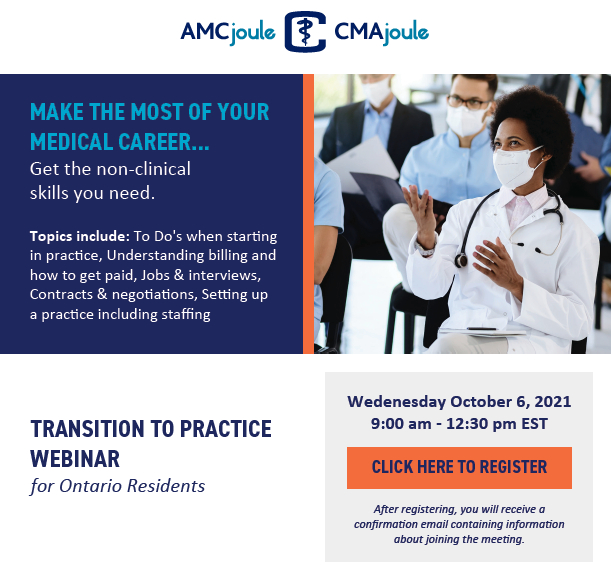 McMaster_RA's tweet photo. It's never too early to begin thinking about life beyond residency! Learn about billing, investing, incorporation, contract negotiations and much more in these upcoming webinars hosted by CMA Joule, October 6 &amp; 13, 2021 https://t.co/Npk885sGdS