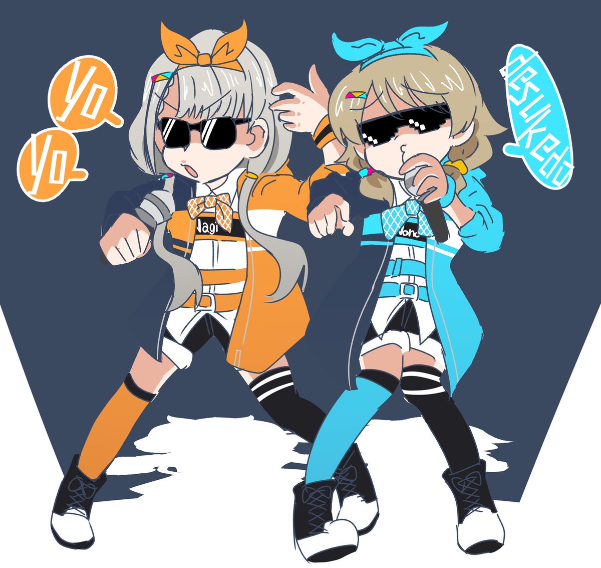 hisakawa nagi multiple girls 2girls asymmetrical legwear sunglasses thighhighs jacket mismatched legwear  illustration images