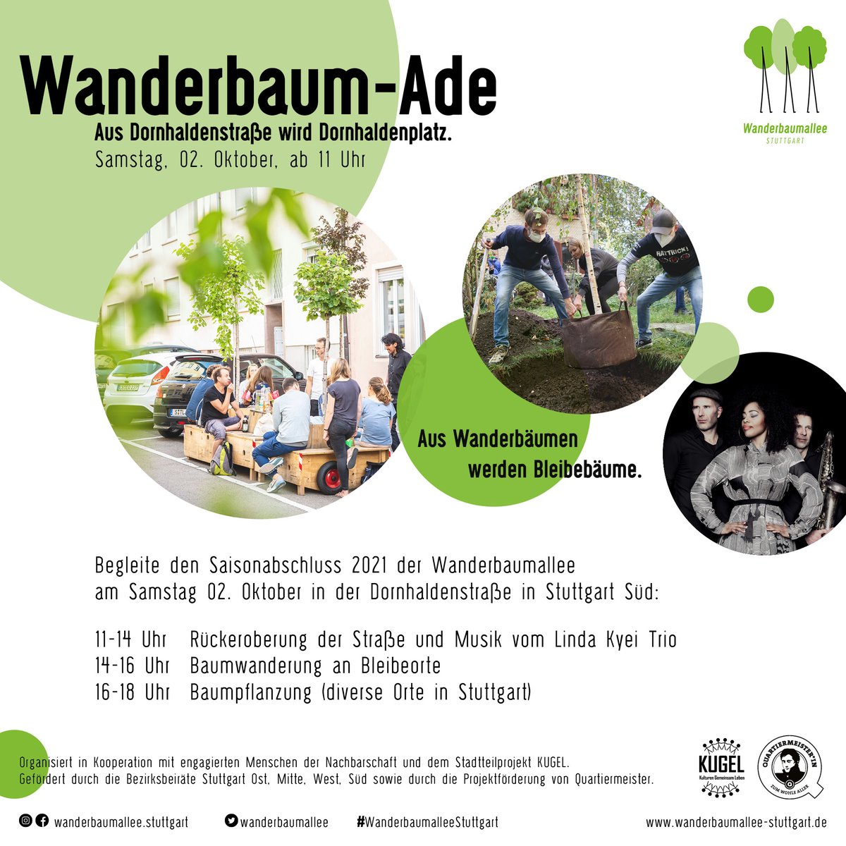 Für 2021 sagen wir "Ade Wanderbaumallee". Aber nicht einfach so - wir geben 400m2 Dornhaldenstraße für Menschen und Bäume frei und machen dann eine letzte #Baumwanderung zu den Pflanzorten. Diesen Samstag, 02. Oktober ab 11 Uhr:
wanderbaumallee-stuttgart.de/wanderbaum-ade…