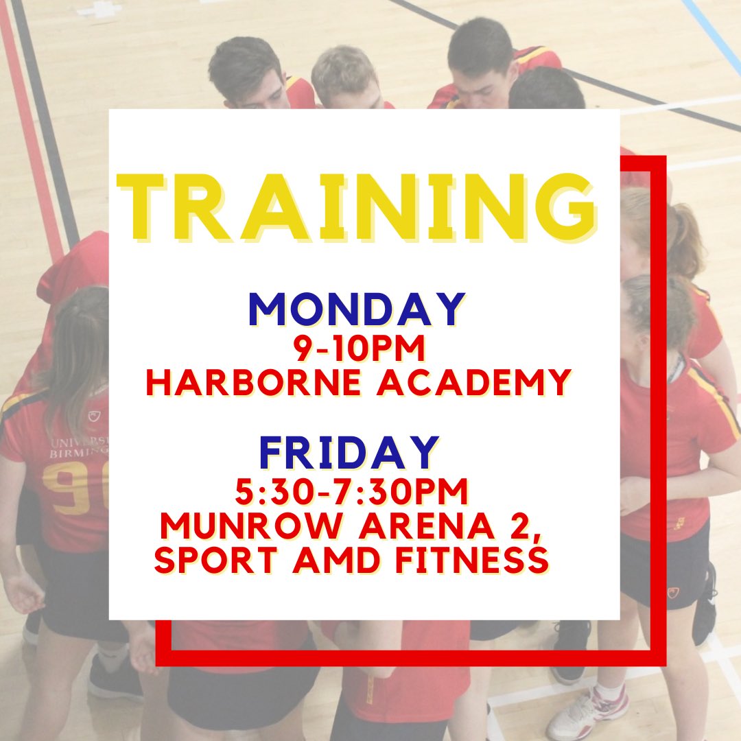 We can’t wait to see everyone at training which starts tomorrow! These are our whole club training sessions

More information will be posted in the coming days about scratch games and family league matches on weekends 

KL ❤️💛💙

<a href="/UBSport/">University of Birmingham Sport</a>