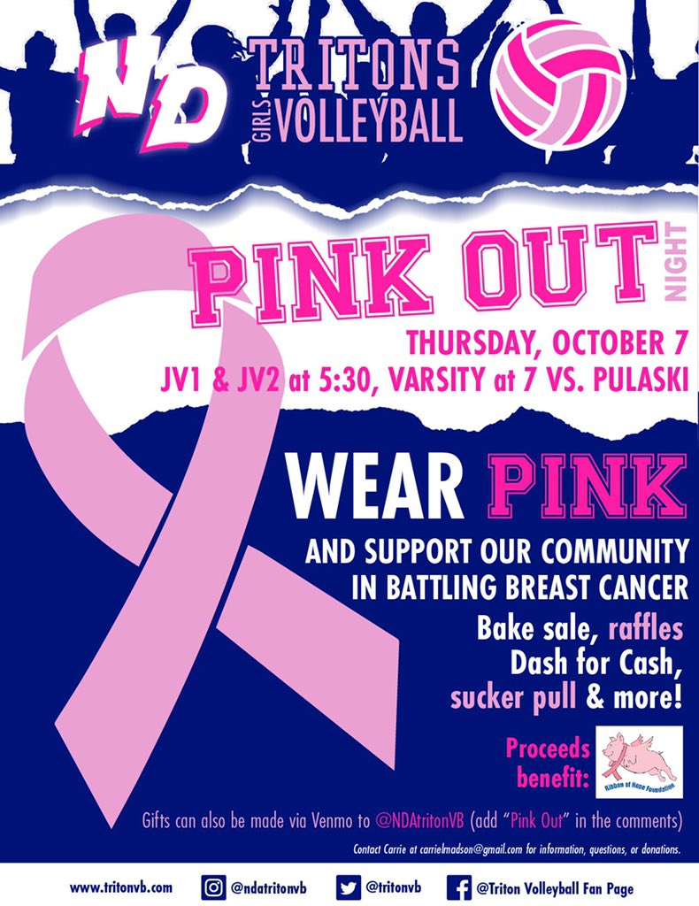 💗Our PINK OUT NIGHT is next Thursday, October 7th💗

💗Wear PINK!
💗Bake Sale 🍪, raffles 🎟, dash for cash 💵 and sucker 🍭 pull for prizes. 

🎀 All proceeds benefit Ribbon of Hope Foundation. 

💗You can Venmo to @NDAtritonVB - add “Pink Out” in comments. 
<a href="/NDATritonSports/">Notre Dame Academy Athletics - Green Bay, WI</a>