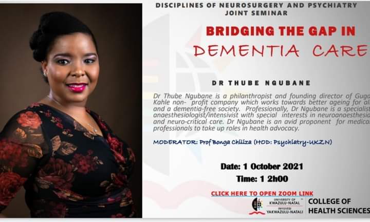 study_ukzn's tweet photo. The Disciplines of Neurosurgery and Psychiatry invite you to a joint seminar entitled “Bridging the Gap in Dementia Care” by Dr Thube Ngubane.
Date: 1 October 2021
Time: 12h00
https://t.co/kDAKJEl2nX https://t.co/06pvrpbDo9