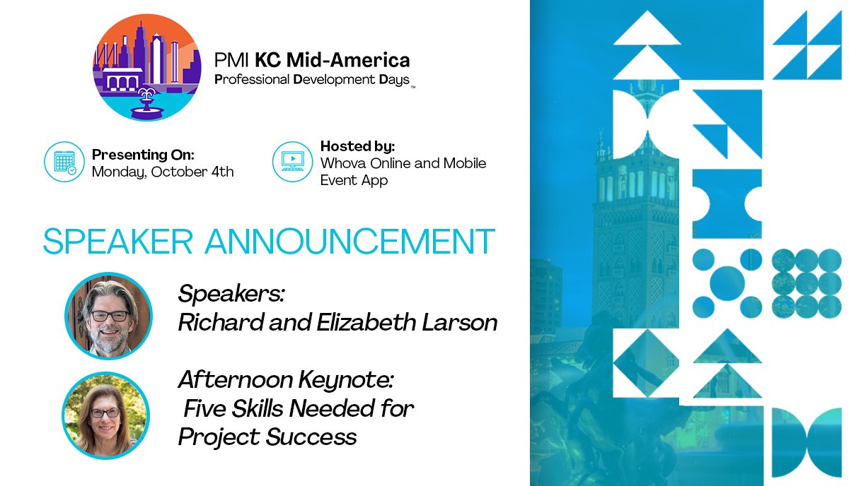 Enthused for a joint virtual keynote along w <a href="/e_larson/">Elizabeth Larson</a>  at the PMI KC Mid-America PDD on Oct. 4. We're sharing "Five Skills Needed for Project Success" with numerous takeaways. Hope to "see" you there - still time to register at bit.ly/Keynote_PMI_KC…