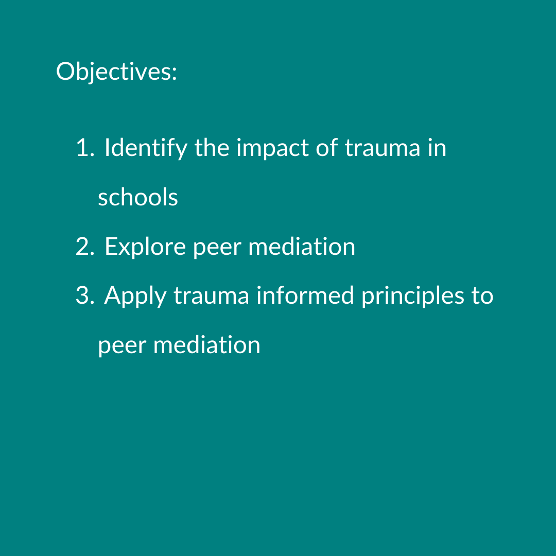 Want to learn more about trauma informed peer mediation? Trauma Informed Conflict Coaching: traumainformedsolutions.com Peer meditation training: peermediationonline.org
#ACR2021
#traumainformedpeermediation
<a href="/ACRgroup/">ACR</a>
@AssociationforConflictResolution
<a href="/c_morton/">Dr. Cynthia Morton</a>
<a href="/OPMPTeam/">OPMP</a>