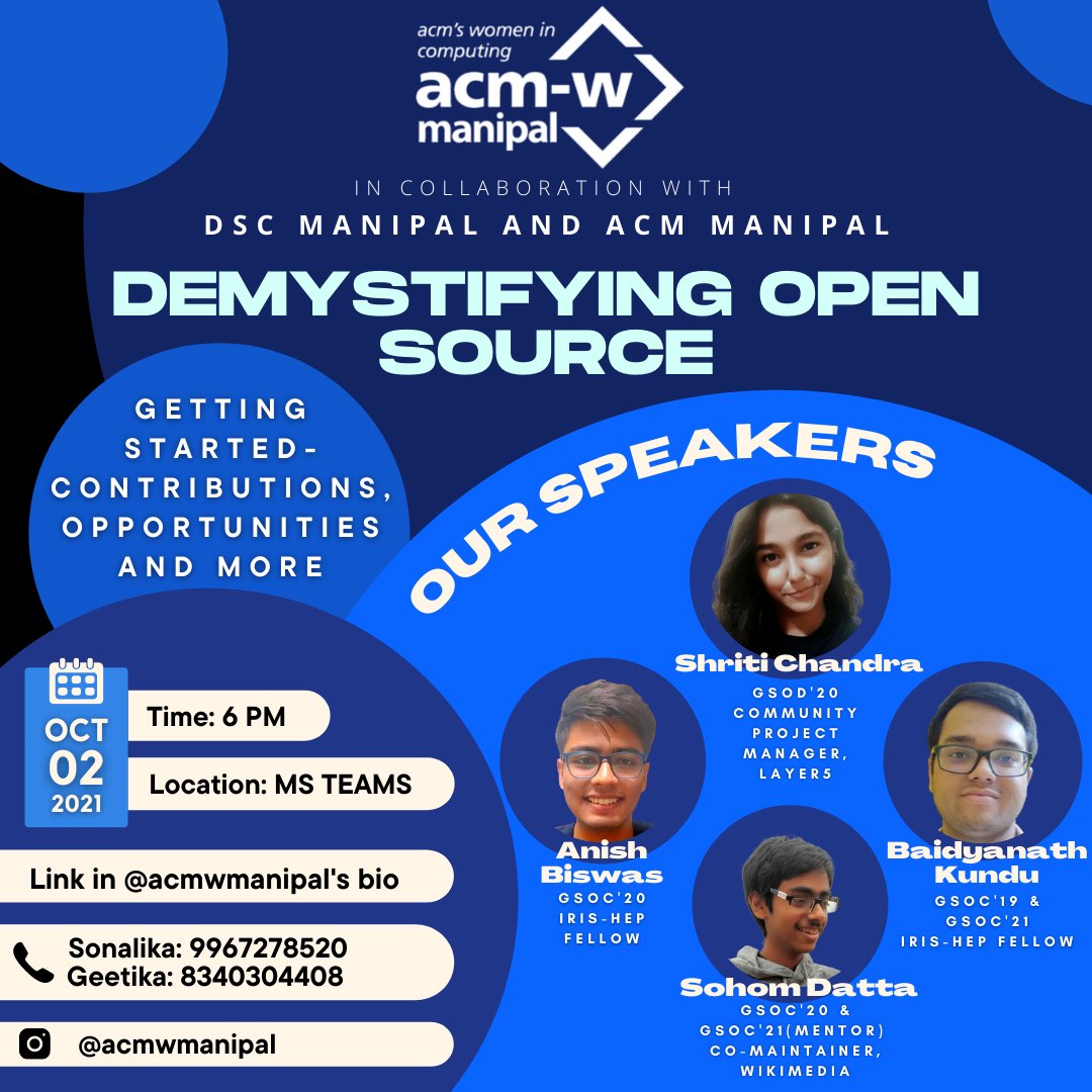 acmw_manipal's tweet image. ACM-W Manipal brings to you – “Demystifying Open Source", our very own open source special event to kick off the annual global Hacktoberfest!
Registration link: forms.gle/S1fa7aPtpkvgpe…
May the source be with you!💙💙💙