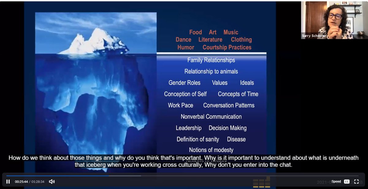 AmyonEducation's tweet photo. Kicking off our @FordFund online program, Team Building for Results, with an interactive webinar. Here, @UMich professor Surry Scheerer presents the Iceberg Model of Culture and discusses the aspects to consider when working cross-culturally. @WDavidson_Inst #TeamworkFCIC https://t.co/7wEWl8lOm4