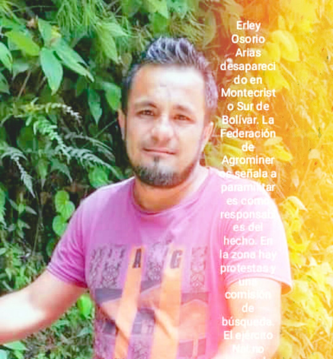 EspacioDdhh's tweet photo. Erley Osorio Arias 
Desaparecido en Montecristo Sur de Bolívar.
En el ETTDDHH continuamos exigiendo la pronta aparición de este líder campesino de la zona y exigimos al gobierno respuestas. https://t.co/u0A0wUSbNS