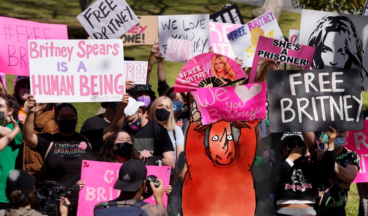 Who knew? The Red Rhinoceros is a huge Britney fan. Here's our friend at a rally, eagerly awaiting the judge's decision about removing Jamie Spears from the conservatorship. #britneyspears #FreeBritney #childrensbook #childrensbookillustration #redrhinocerosbook <a href="/EastWestLit/">East West Literary</a>