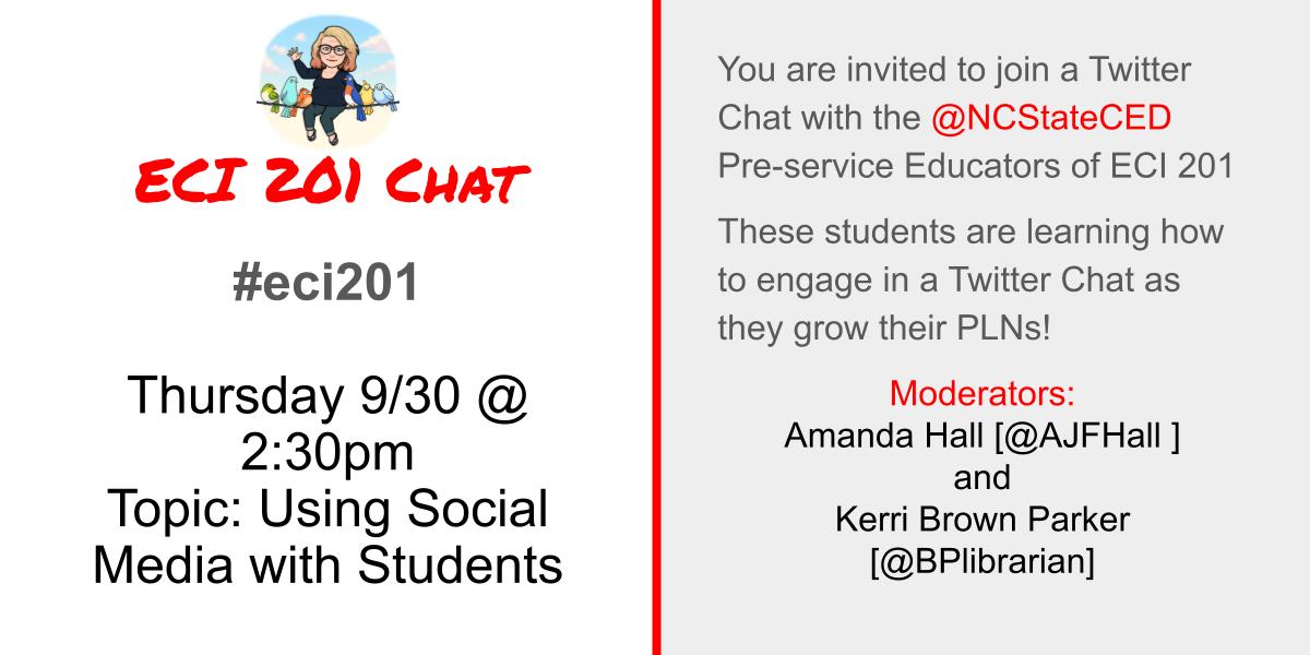 AJFHall's tweet image. Hello #Educators #Teachers and other #PSTs!!  Today #ECI201 at @NCStateCED will be having a "practice" twitter chat!  Come join us in discussing #SocialMediaintheClassroom and #DigCit today at 2:30pm EST.  Come share your ideas! #EdTech #NT2T #NCEd
