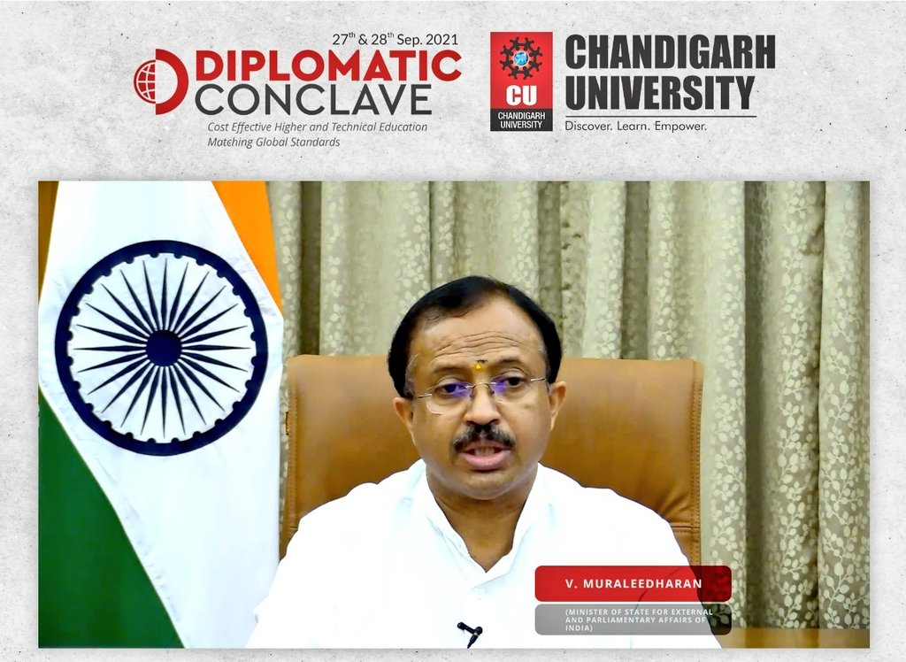 MOS_MEA's tweet photo. Addressed students, faculties of Chandigarh University at Diplomatic Conclave 2021, virtually.

Touched upon PM Shri @narendramodi ji's Foreign Policy vision &amp; the efforts of the Ministry in taking proactive measures to engage with academia, universities and think tanks. https://t.co/8sTJZEECPJ