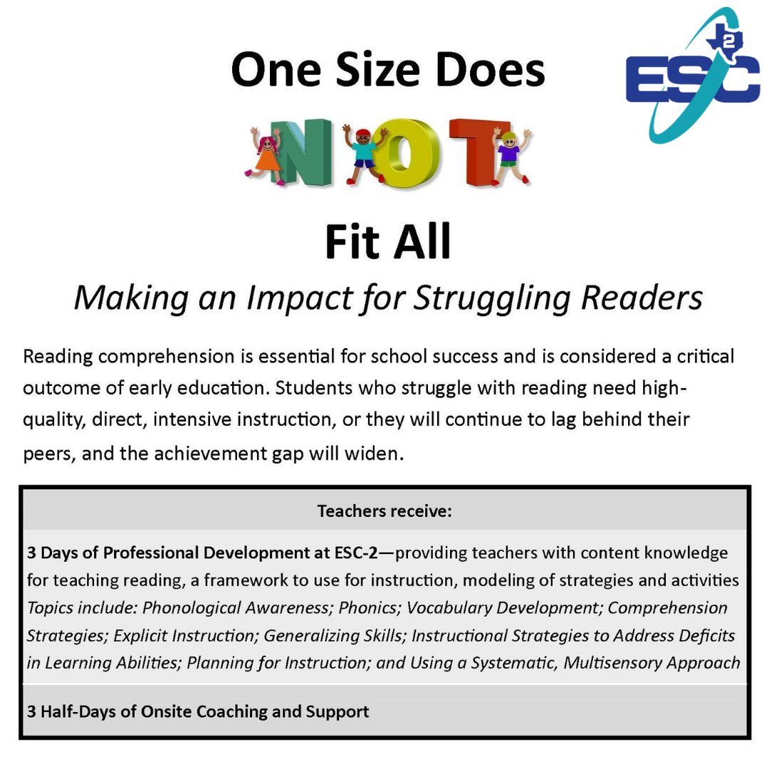 ESCRegion2's tweet photo. Reading comprehension is ESSENTIAL for school success and is considered a critical outcome of early education.

"Making an Impact for Struggling Readers" 
Register: https://t.co/wSIEO07VES

Date: October 12, 19, 26, 2021
Time: 8:30 am - 3:00 pm
Follow link for pricing details* https://t.co/nT837FoN0L