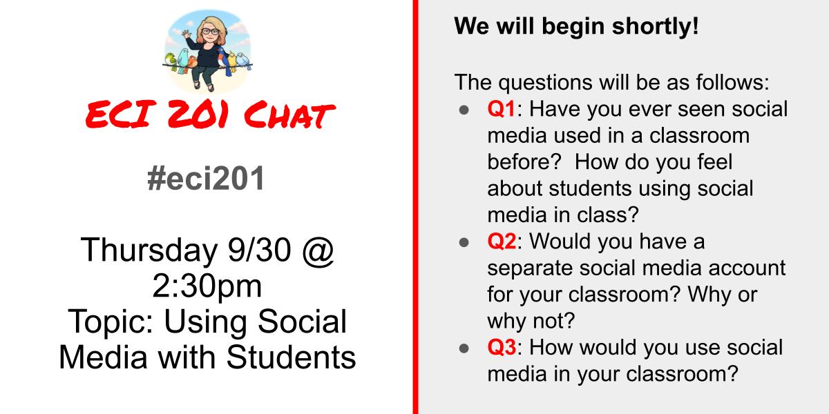 AJFHall's tweet image. #Educators #Teachers and other #PSTs!!  To help you prepare for the @NCStateCED #ECI201 twitter chat, here are the questions we will be asking!  Come join us at 2:30pm EST to discuss #SocialMediaintheClassroom and #DigCit.  Come share your ideas! #EdTech #NT2T #NCEd