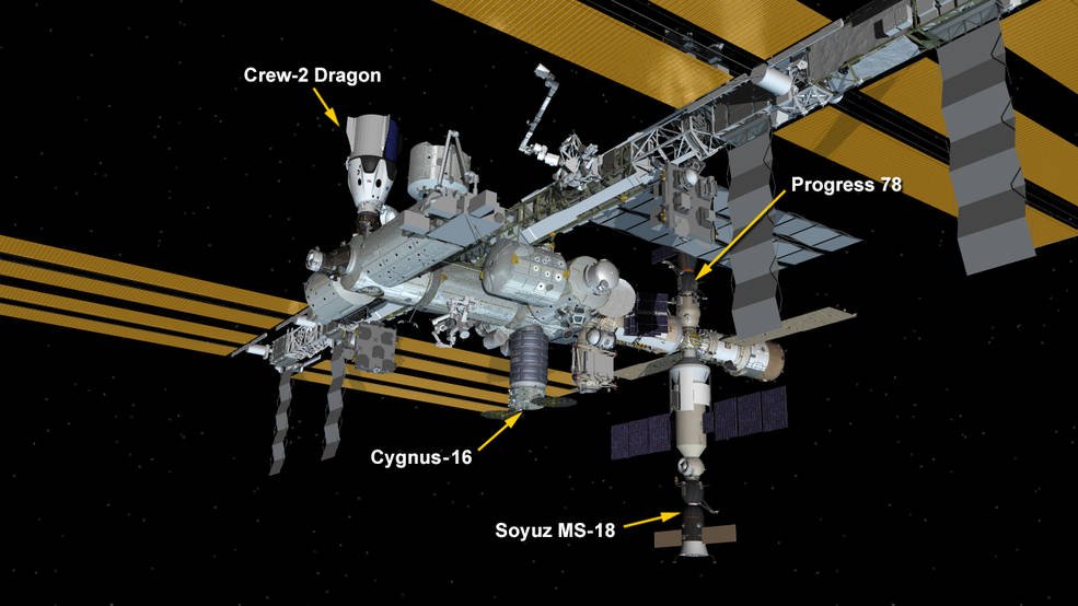 Docking ports at @Space_Station are ready for crew members in Oct. First is a Russian Soyuz launch at 4:55 am Eastern Tue, Oct 5 docking at the far end 3 hrs later, and #Halloween arrival of @Commercial_Crew SpaceX Crew Dragon on forward end after its 2:43 am Sat, Oct 30 launch. https://t.co/Ie2g666fu6