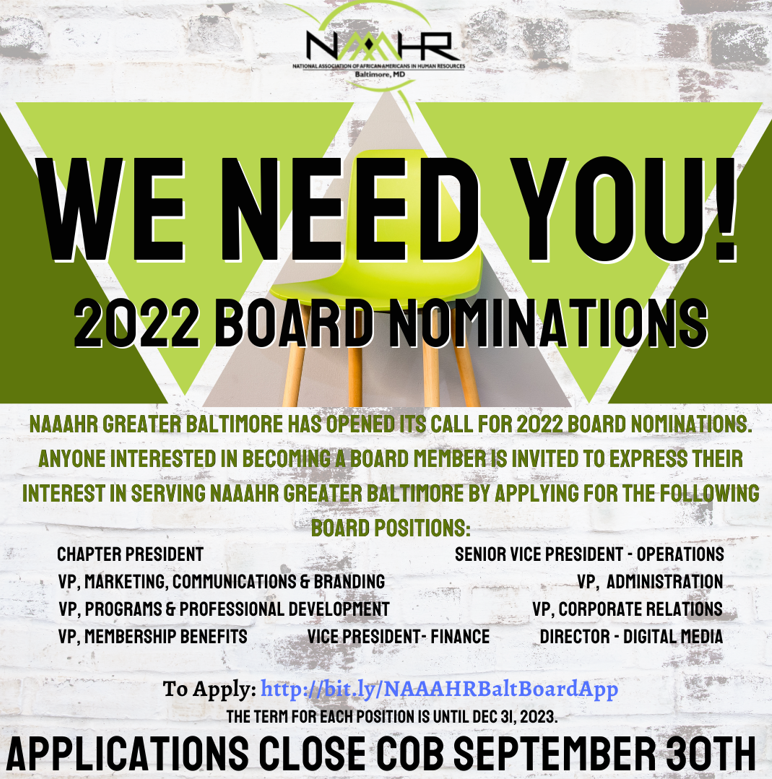 NAAAHRBalt's tweet photo. Make 2022 your year of YES!

NAAAHR Greater Baltimore has opened its call for 2022 board nominations.

Submit your nomination today: https://t.co/ThTqXGK2Km

#NAAAHR #NAAAHRBalt #HR #BeALeader #YearofYes https://t.co/5H0w7I7IuX