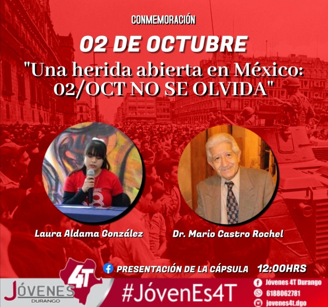 Jovenes4T_Dgo's tweet photo. En conmemoración de los trágicos hechos ocurridos hace 53 años, los invitamos a sintonizar el charlatorio: "Una herida abierta en México: 02/OCT NO SE OLVIDA".
¡02 de octubre, no hay perdón ni olvido! 👊🏻
#Jóvenes4T #OCT02 #Jóvenes4TInformando #OCT68 #NiPerdonNiOlvido #Tlatelolco https://t.co/lMMlpgTftV