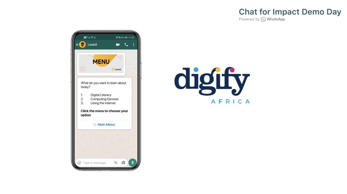 turn_io's tweet photo. Demo Day Showcase #1: Meet Lesedi, @DigifyAfrica's personal learning coach on @WhatsApp that delivers essential #digitalskills leading to work opportunities for young people in Africa. #ClickToChat - https://t.co/SB2nL9k8mc #chatforimpact #demoday @praekeltorg @WaxxDecemba https://t.co/zKhJF7bXoF