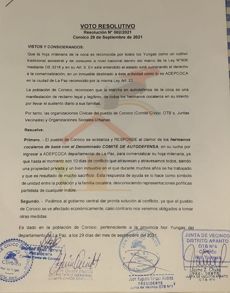 noticiasfides's tweet photo. #ANF El Comité Cívico de Coroico, provincia de Nor Yungas de #LaPaz, emitió un voto resolutivo en el que expresan su respaldo a los cocaleros yungueños y exigen al Gobierno resolver el conflicto de #Adepcoca. (Vía Radio FM Bolivia) https://t.co/SyCzZWNYOY