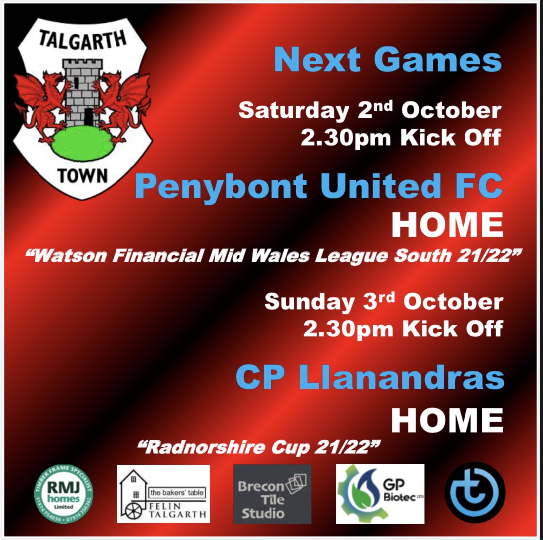 TTFC ⚽️⚽️ Games this weekend, Saturday &amp; Sunday, both home at King George V Playing Fields, Talgarth.