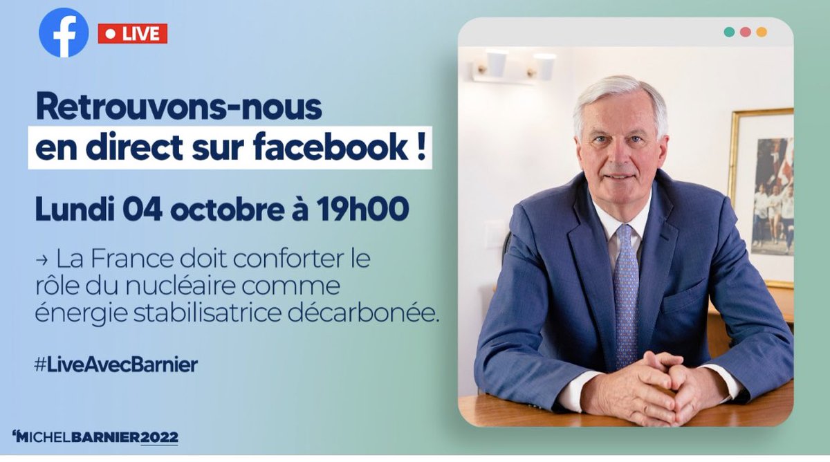 🚨 Ne manquez pas le Live avec #MichelBarnier le Lundi 4 octobre à 19h00.
Participons activement à l’orientation que nous souhaitons donner à notre voix 🗳 
#Barnier2022 #Lr #LesJeunesRepublicains 
#liveFacebook