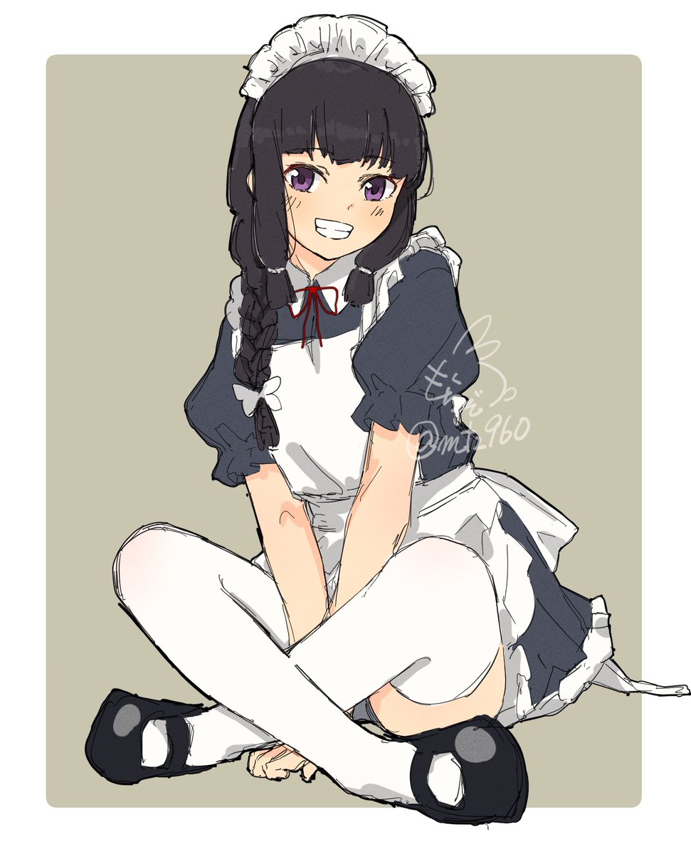 kitakami (kancolle) 1girl solo black hair alternate costume maid white apron thighhighs  illustration images