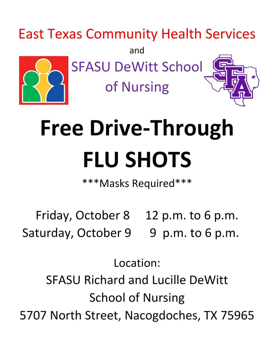 GETCAPHeadStart's tweet photo. Attention families!!

October 8th - 9th East Texas Community Health Services and the DeWitt School of Nursing will be giving out FREE flu shots! Everyone ages 6 months and up are able to receive a flu shot. For dates, times, and location please see attached flyer! https://t.co/OvsX9S9mln