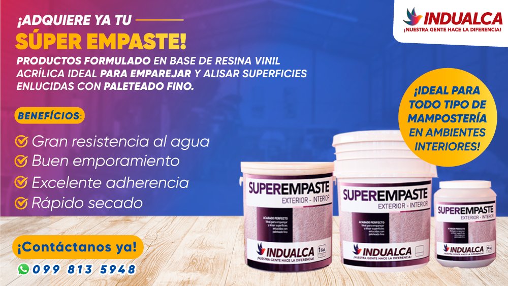 Indualca's tweet photo. Los mejores productos para tratar superficies las encuentras en #indualca 
#SuperEmpaste: 
Benefícios:
✅ Gran resistencia al agua
✅ Empareja superficies
✅ Ideal para terminados lisos
✅ Excelente adherencia
¡Ahorra el consumo de pintura! 👌
📱 Más información: 0998135948 https://t.co/zMhtUYqVNq