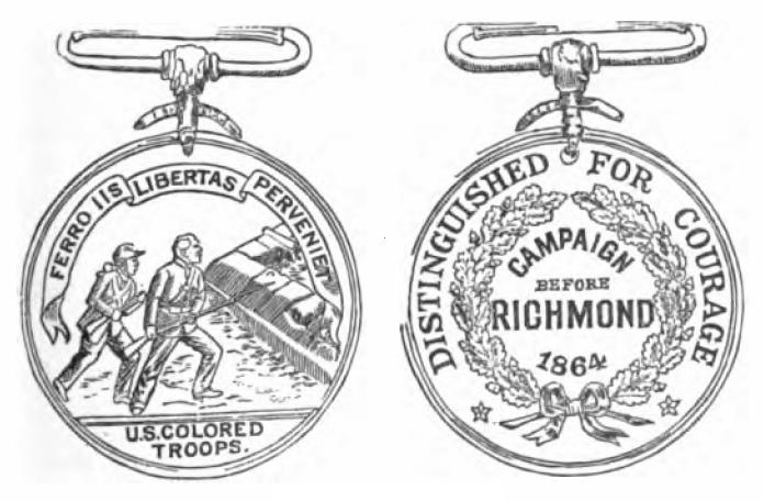 FREEDOM WILL BE THEIRS BY THE SWORD.
General Benjamin Butler paid for 200 medals for black soldiers in his command following their attack at New Market Heights on September 29, 1864. They said, in Latin, “Ferro iis libertas perveniet,” "Freedom Will be Theirs by the Sword."