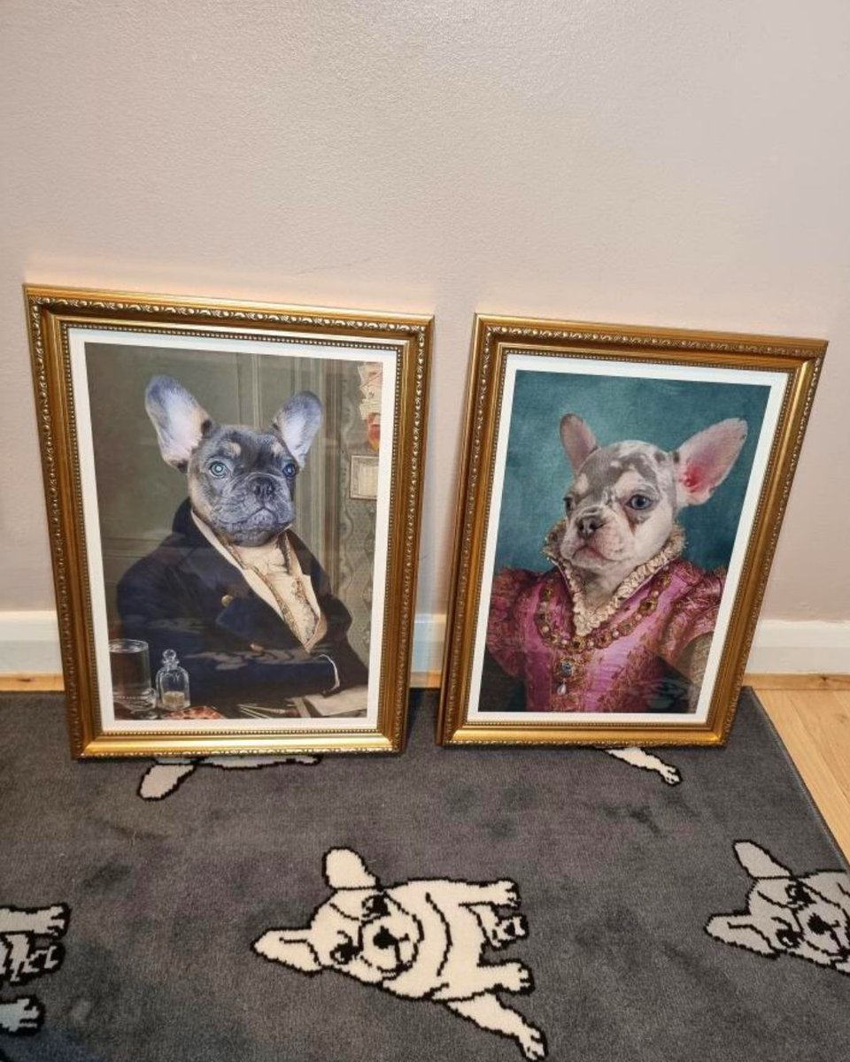 Who doesn't love a #frenchie? And what's even better than one frenchie... two frenchies!🐶🐶 That's right, double trouble - aren't these two just the cutest featured in our 'The Baron' and 'The Countess' custom #petportrait designs?😍 #purrandmutt #petportraits #frenchbulldog