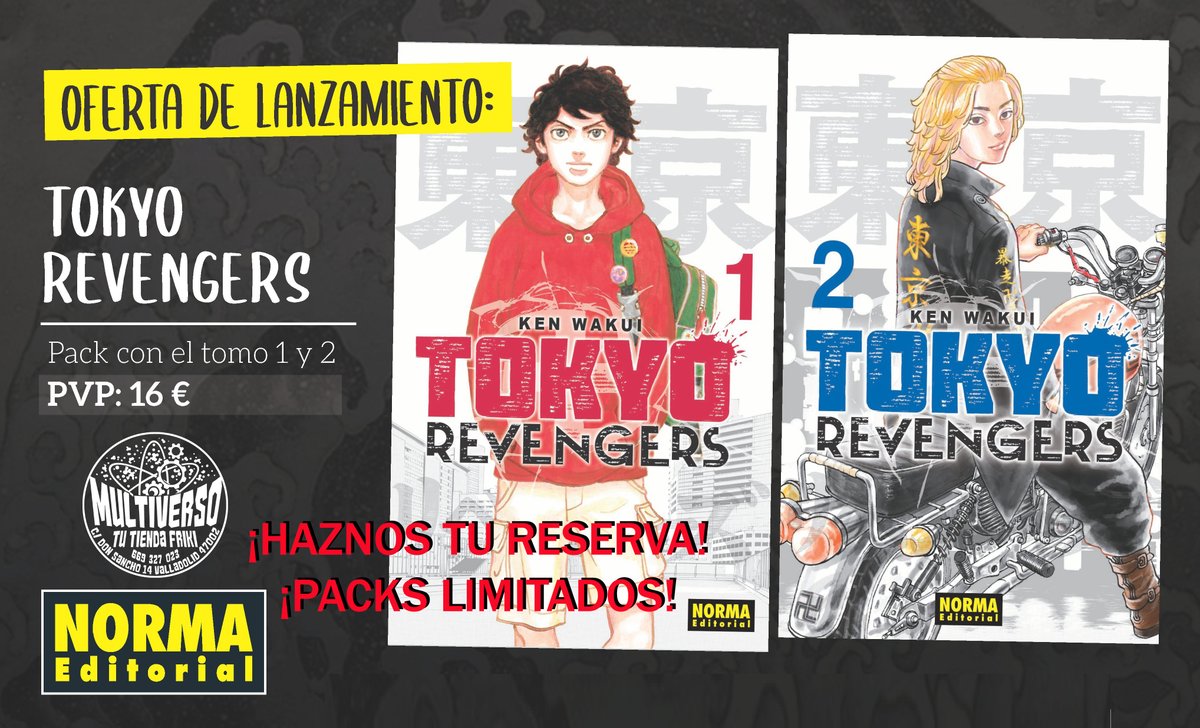 multiversofriki's tweet photo. @NormaEditorial anuncia para el 12 de Noviembre la salida del esperado manga #tokyorevengers 
Y para celebrarlo, ¡va a sacar un pack con los dos primeros tomos al precio de uno!
Dos tomos de 400 páginas formato kanzenban por 16,00 euros.
Serie mensual.
¡Haz tu reserva! https://t.co/2vPMoubzFX