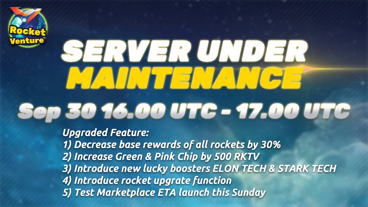 🚀🚀Server under maintenance🚀🚀

📍Server will undergo maintenance on September 30 16.00 UTC - 17.00 UTC

📍Also another 1M RKTV has been filled to in-game rewards pool: bscscan.com/tx/0xf7575673d…

Thank you for your support! 🎉

#Rocketventure