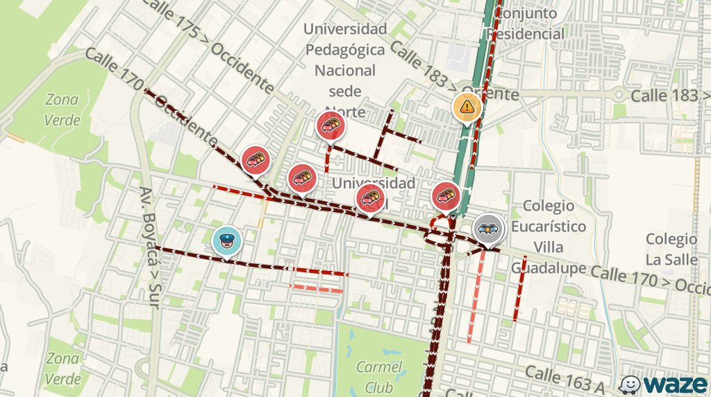 WazeTrafficBOG's tweet photo. Accidente en Calle 170 > Oriente #traficobogota. Tráfico avanzando23m más lento de lo habitual. https://t.co/XtOHHMLdPQ https://t.co/ctJgUZczmh