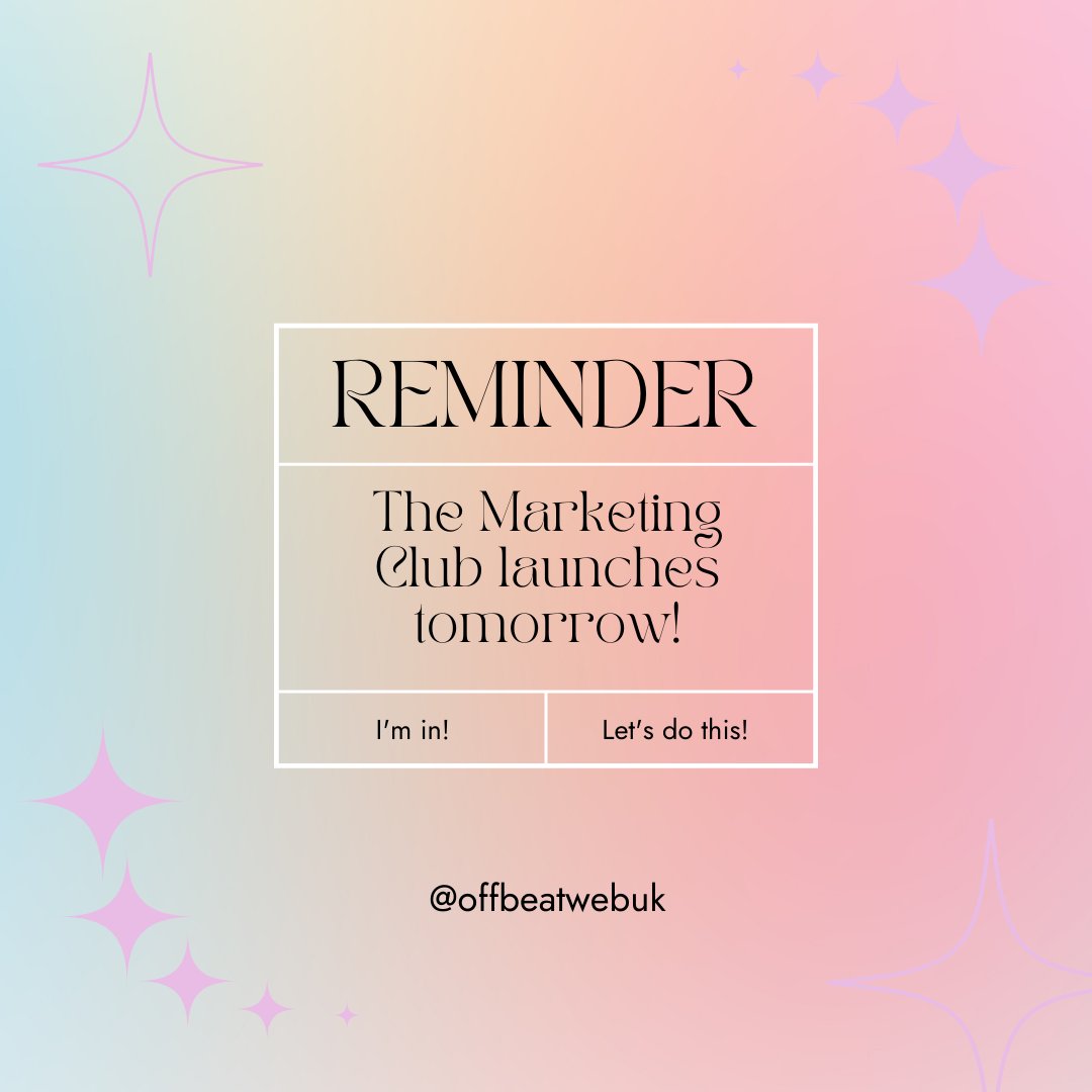 offbeatwebuk's tweet image. Eeeeeek! We're finally launching!

The #Marketing Club is just £24.95 a month, and it includes everything a #smallbusiness owner needs to take control of their marketing without an enormous budget.

Excited? So are we!