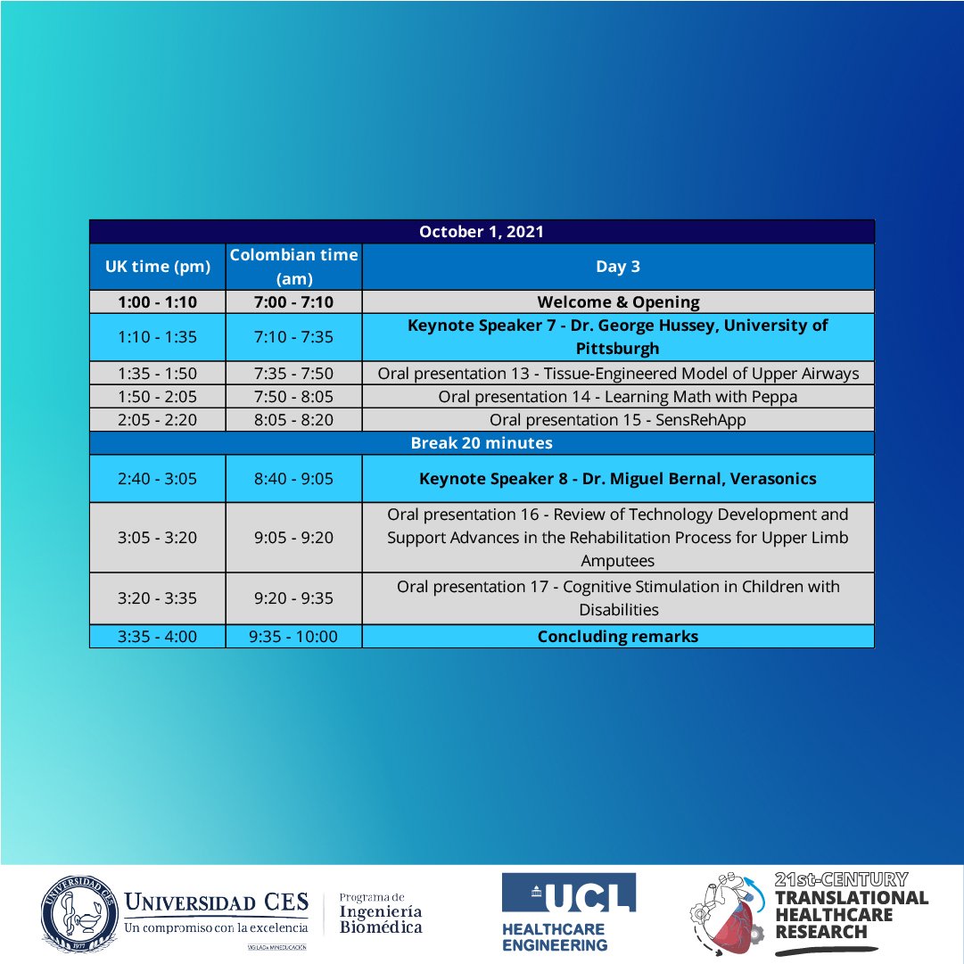 Thank you to all of today's speakers and apologies for the technical issues. The final speakers will present in tomorrow's session. Join us for our final day tomorrow and to hear about what's coming next as we roll out the programme to high schools. <a href="/UniversidadCES/">Universidad CES</a> <a href="/Health_Eng/">UCL Institute of Healthcare Engineering</a>