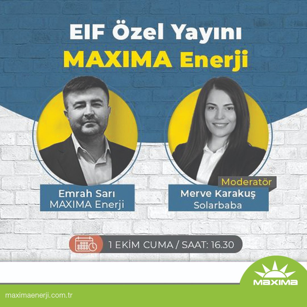 Koordinatörümüz Emrah SARI 1 Ekim Cuma günü 16:30'da gerçekleştirilecek olan EIF özel yayına katılacaktır.
Yayını Solarbaba Facebook-Linkedin-Youtube kanallarından canlı olarak izleyebilirsiniz.
zcu.io/YbHG
#Solarbaba #MAXIMA #EIF