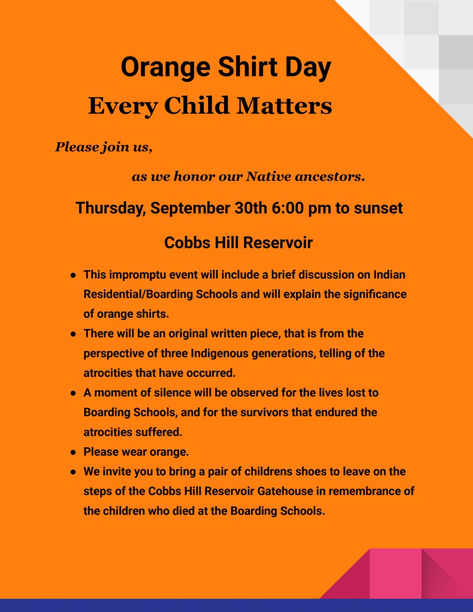 September 30, 2021 marks #OrangeShirtDay in the US and the first #NationalDayforTruthandReconciliation in Canada.

Please consider attending the Orange Shirt Day commemoration event tonight hosted by Rochester's IPDPC.

More info: tinyurl.com/67rvp8d9