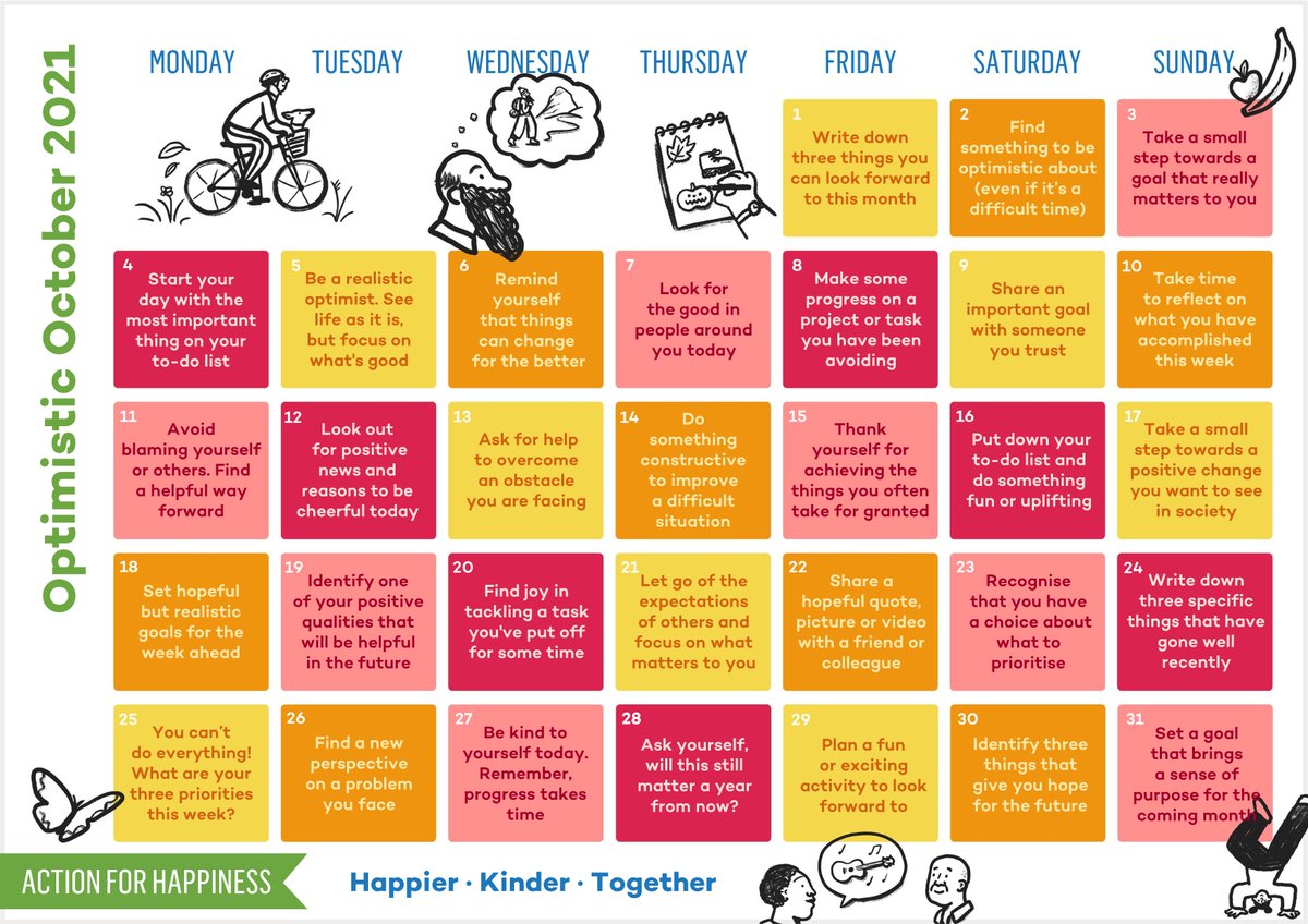 Life is better when we find something to look forward to. Join us for Optimistic October and find ways to stay hopeful, even in challenging times 🌈 actionforhappiness.org/optimistic-oct… #OptimisticOctober