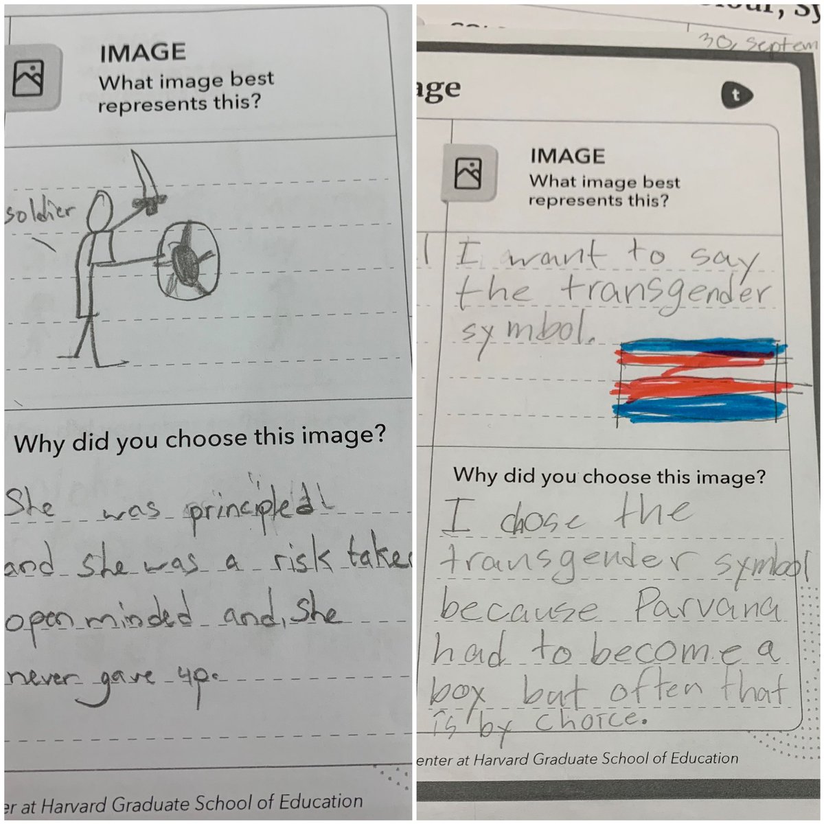 araalihma's tweet photo. We tried a different #visiblethinking routine for a final reflection on The Breadwinner by @DebEllisAuthor: Color, Symbol, Image. I was excited to get more insight into what Ss connected with and took from their reading. #TASOK @TASOKinshasa #IBPYP @toddle_edu @ProjectZeroHGSE https://t.co/5PwJ2M69TR