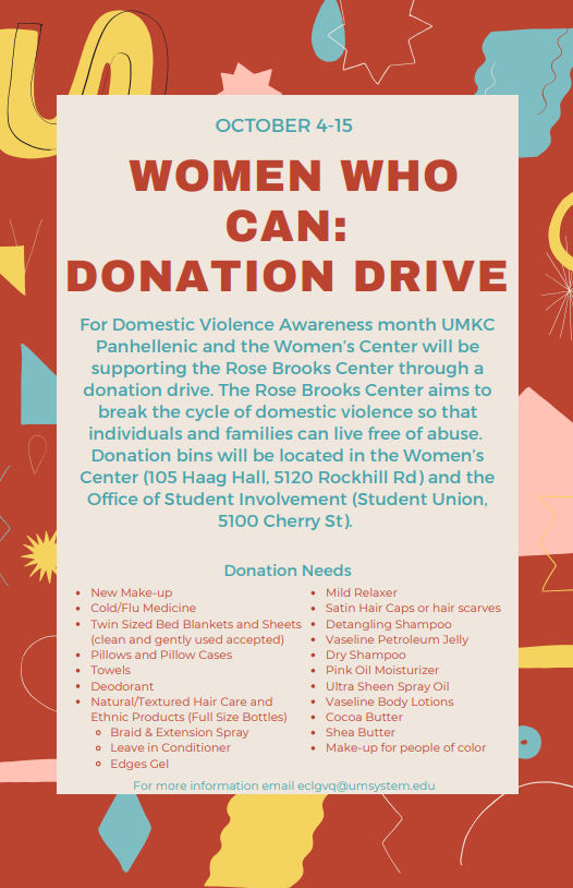 Donation Drive next week!

Drop off hair products, new twin bed sheets, deodorant, and makeup to the Women's Center or the Office of Student involvement October 4-15th!