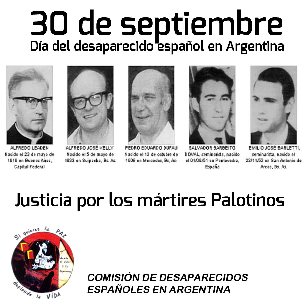 En el día de las y los españoles desaparecidos en Argentina, adherimos al pedido de Justicia recordando a toda la Comunidad Palotina, en especial a Salvador Barbeito y Emilio Barletti por origen español.#30Sep los tenemos como siempre en nuestro corazón. #MemoriaVerdadJusiticia