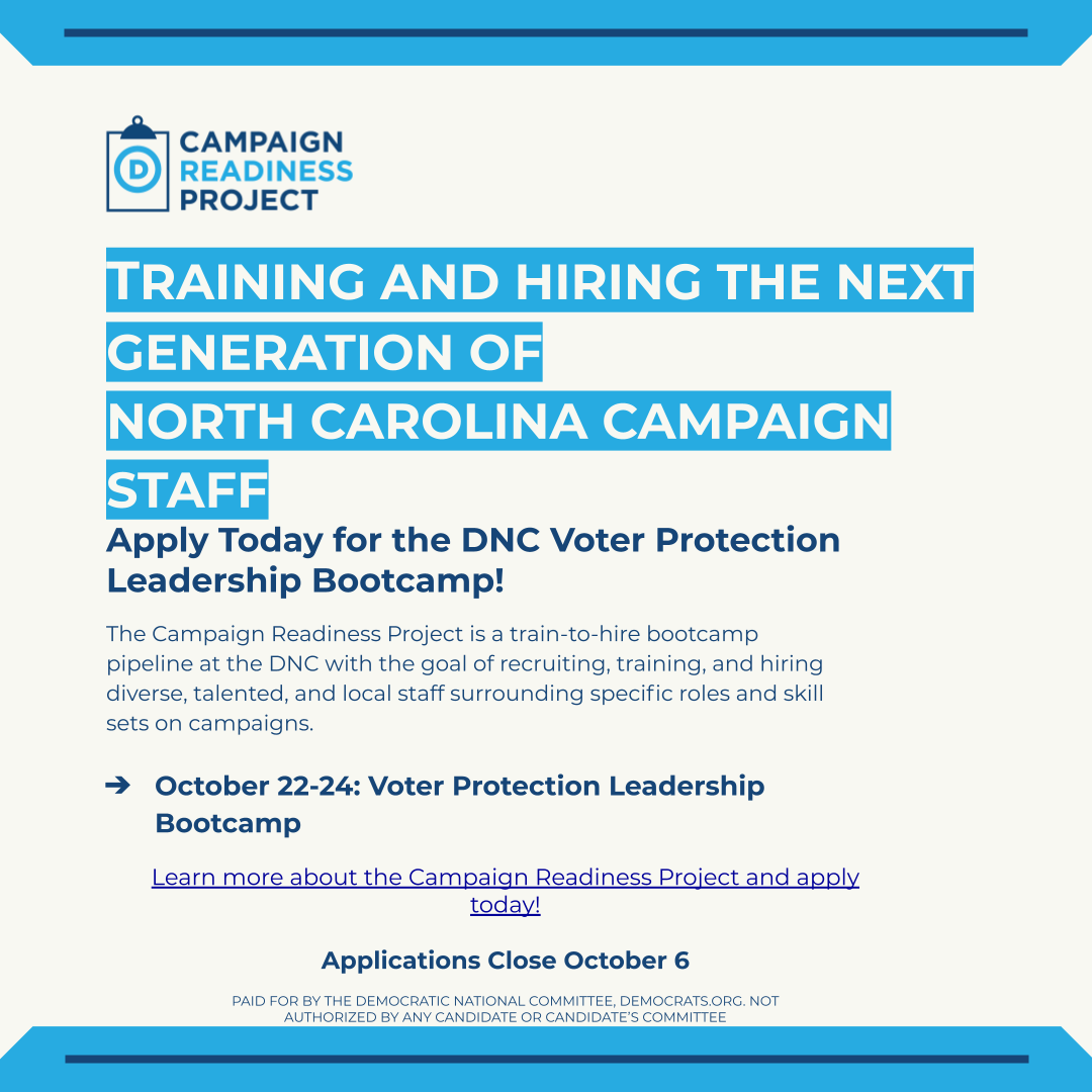 NCDemParty's tweet photo. Want to help protect the vote in North Carolina? Apply today for the @TheDemocrats latest round of the Campaign Readiness Project: Voter Protection Leadership Bootcamp. 

Learn more about the program and apply today: https://t.co/oDuj1bzc2A https://t.co/3z43RpoTLS
