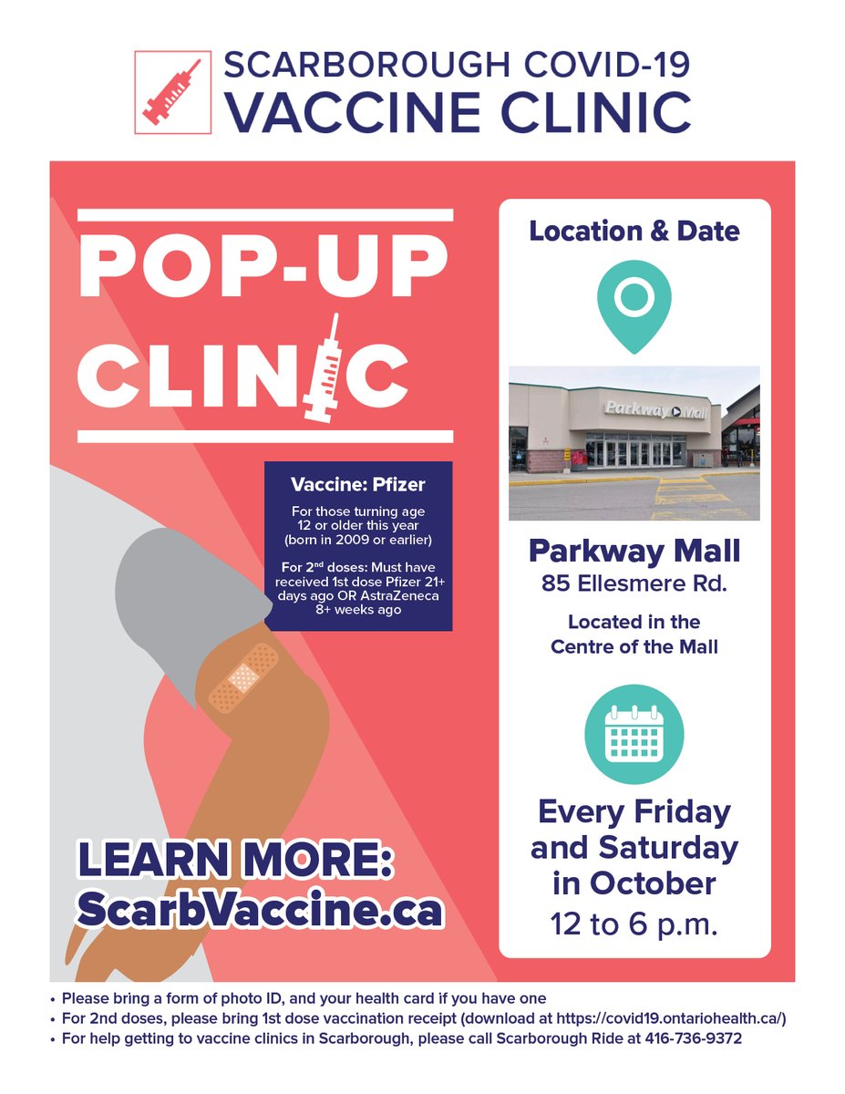 Four Scarborough malls are hosting COVID-19 vaccine clinics in October.  If you haven't gotten your vaccine yet, it's a great and convenient opportunity.

More information on scarbvaccine.ca #ScarbTO