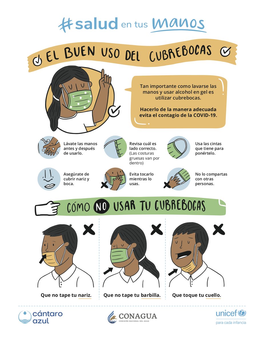 Usar correctamente el cubrebocas es tan importante como el buen lavado de manos.

La <a href="/UNICEFMexico/">UNICEF México</a> comparte algunas recomendaciones para conocer el buen uso de la mascarilla en todo momento. 

😷 😷 😷