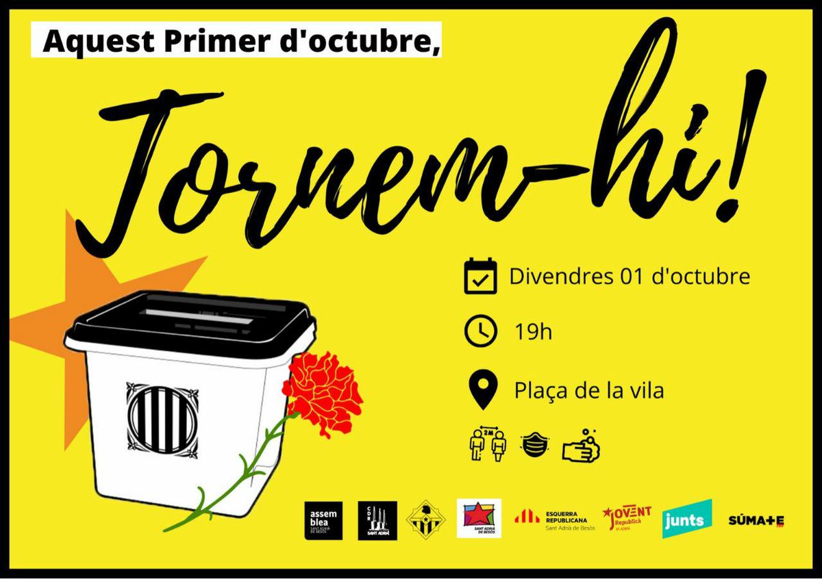 Demà farà quatre anys que vàrem guanyar la independència en referèndum.

Demà farà quatre anys de l'esclat d'una repressió brutal: +3400 per la via judicial, +3000 ferides I +15 mutilades.

Demà ho recordem a les 19h a plaça de la Vila de #SAB

#NiOblitNiPerdó 
#CDRenXarxa