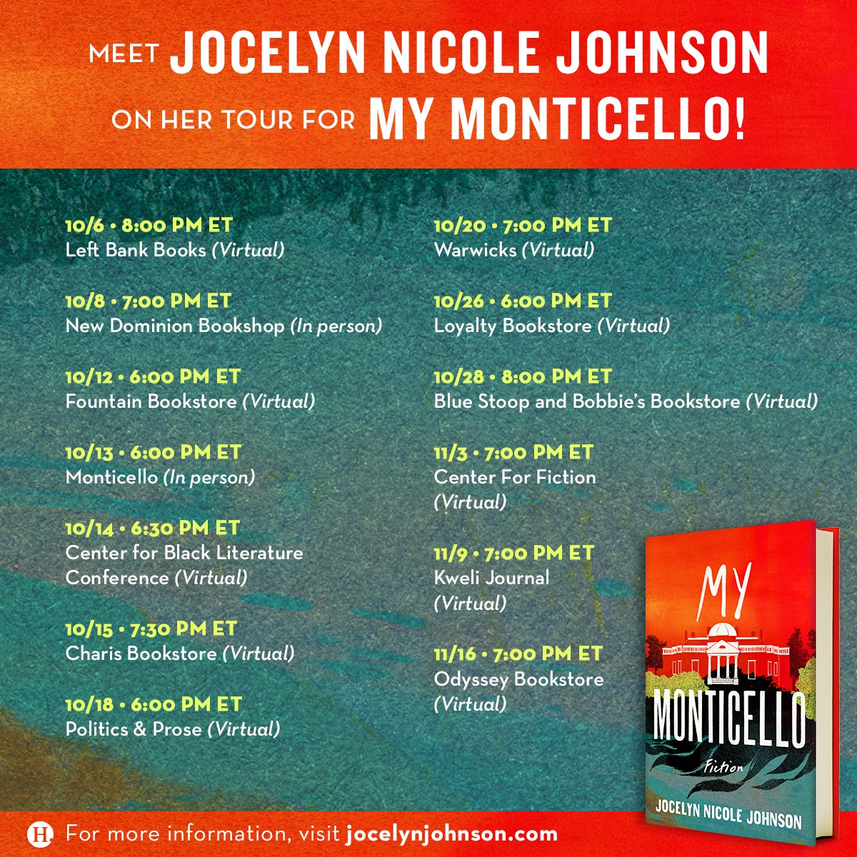 Meet @jocelynjohnson on her tour for MY MONTICELLO! She'll be virtually stopping by @LeftBankBooks, @FountainBkstore, @chariscircle, @PoliticsProse, @warwicksbooks, @Loyaltybooks, @Center4Fiction, and more! For full details, visit ow.ly/QfT550GjGYE ✨