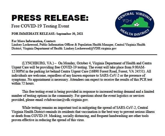 BedfordCountyFD's tweet photo. The Central VA Dept. of Health office &amp; Centra Urgent Care are partnering to hold a #COVID testing #clinic from 9:00-12:00 p.m., on Monday Oct. 04. The clinic will be in Forest, VA. For more info about the clinic, please see the attached flyer. Stay safe. Stay informed. #COVID19 https://t.co/xihZT8WVPH