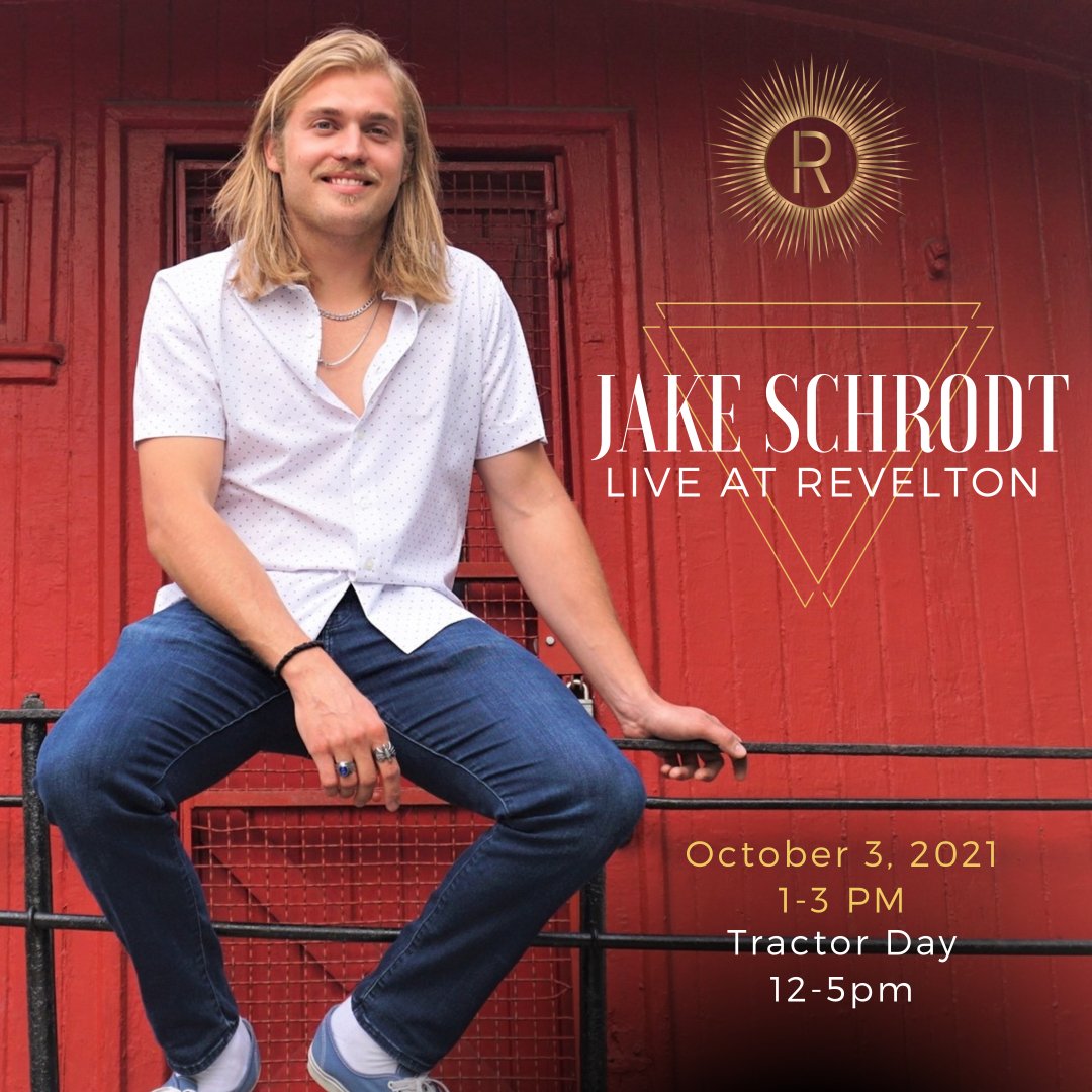 Excited to host Jake Schrodt this weekend at Revelton! Join us Sunday 10/3 for live music and bring in your tractor to celebrate Tractor Day at the distillery. See you there!