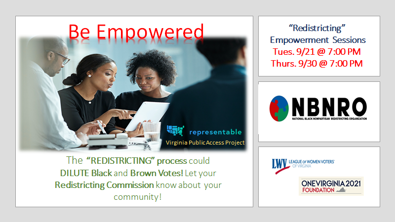 thenbnro's tweet photo. Happening Tonight at 7p: @thenbnro, @LWVVA, and @1VA2021 are hosting a Redistricting Empowerment Session on Sept. 30, 7pm. Learn how to ensure you retain your right to vote! https://t.co/90t7CD4f3t https://t.co/RDx0yaG1Bu