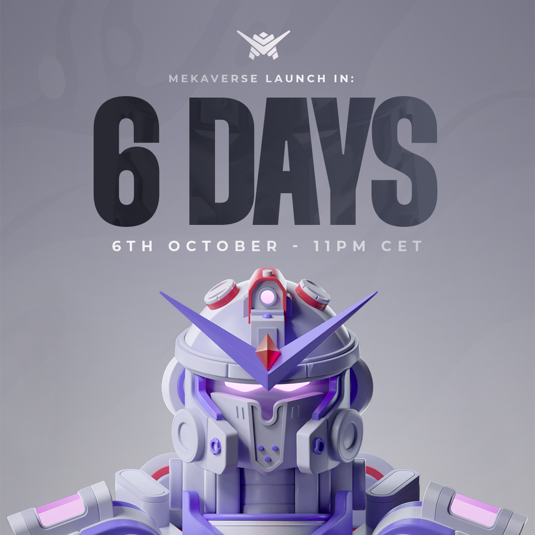 RAFFLE DROP DATE UPDATE 🚨
🗓️ Rescheduled for October 6th at 11 PM CET 
🌐 More info: discord.gg/mekaverse

6 DAYS LEFT! ⚔️

We know you've been looking forward to participate and register for the Raffle! We are also really excited for it, but we need more time to prepare 🤍