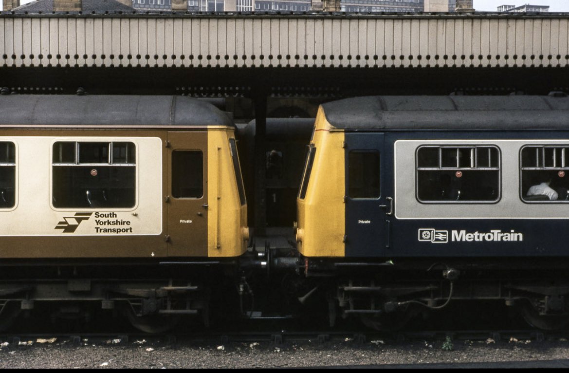 N_Amberfield's tweet image. Class 114 and 101 DMU’s at Sheffield early eighties, South Yorkshire buses also carried this coffee &amp;amp; cream livery, love it or hate it. 

📸 G. Phillips

Many thanks to Graeme who captured hundreds of photos of DMU’s when a lot of us had no interest in them at the time 👍🏻