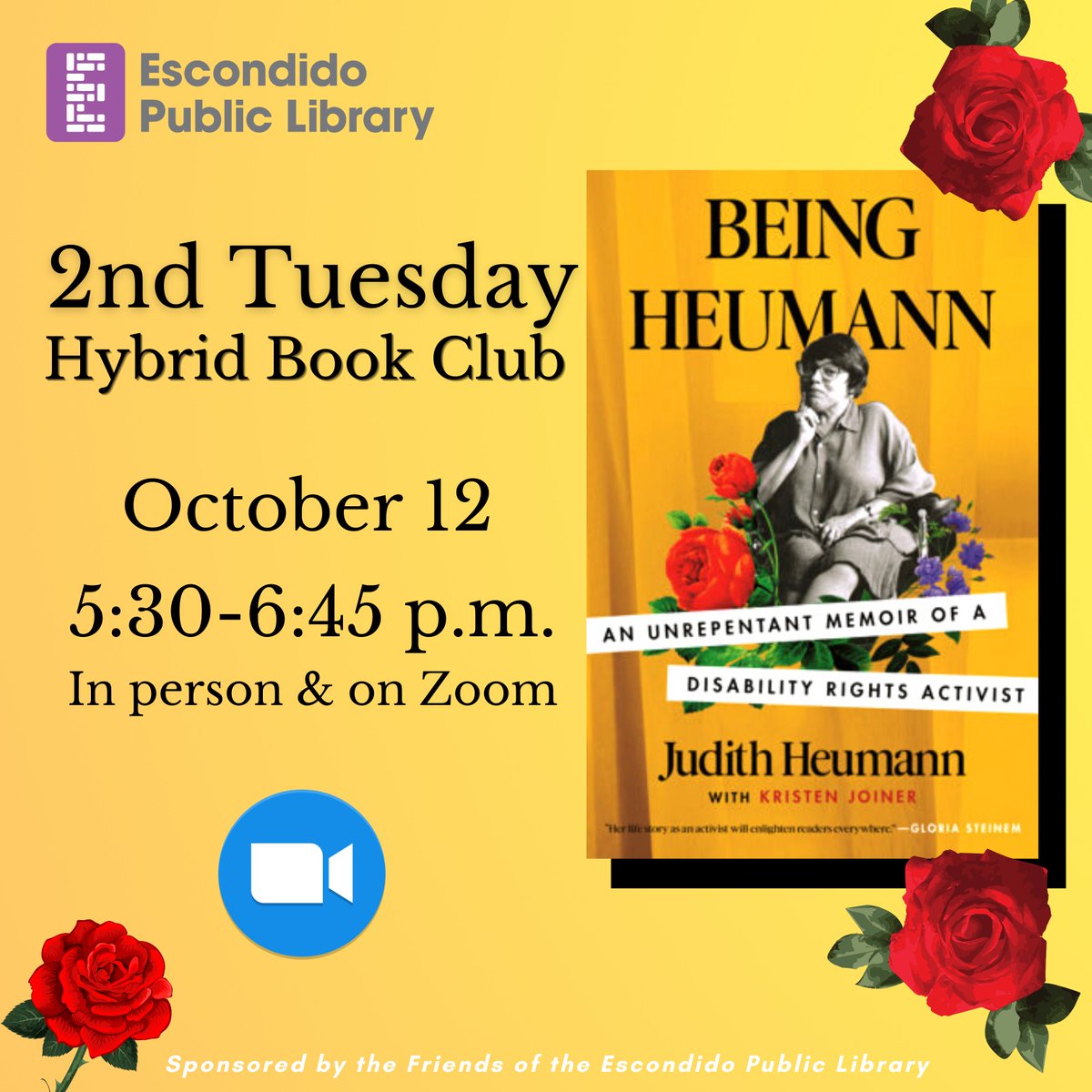 escolibrary's tweet image. Join us for the next 2nd Tuesday Hybrid Book Club next Tuesday on October 12 at 5:30 p.m.
PDT in the Library Board Room &amp;amp; on Zoom!

We&apos;ll be discussing &quot;Being Heumann&quot; by Judith
Heumann!

New members are always welcome! 

#escolibrary #onebookonesandiego